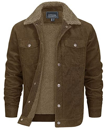 EKLENTSON Corduroy Jacket Men Cotton Fleece Lined Jacket Outdoor Winter Casual Work Fishing Coat with Pockets,Brown,M