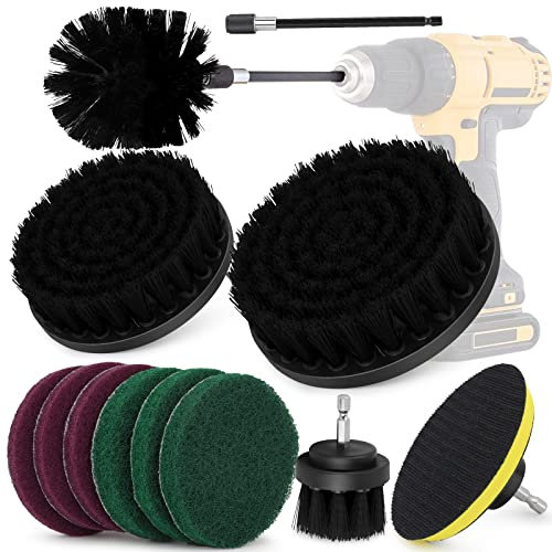 Cepillos para Taladro Eléctrico, 12 PCS Juego de Cepillo Limpieza Hogar, Multifuncionales Brochas para Limpiar Paredes, Baño, Cocina, Tapiceria Coche, Piso Azulejo, Esquinas, Terraza - Negro