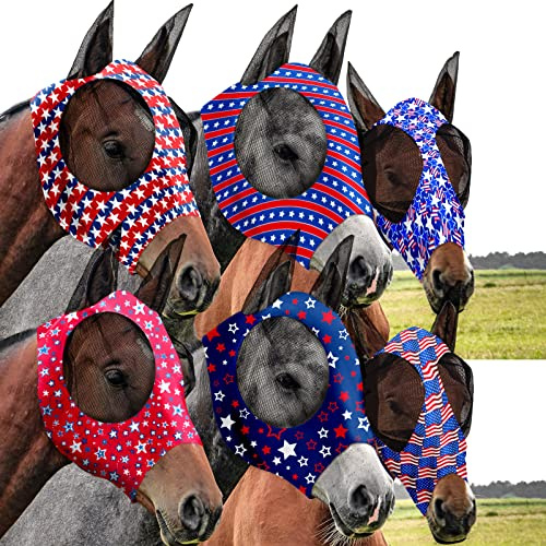 Chunful 6 Pcs 4th of July Horse Fly Masks with Ears 250th Anniversary Fly Masks Comfort Stretchy UV Protection American Flag Stars Breathable Mesh for Memorial Day Horse Supplies(Medium)