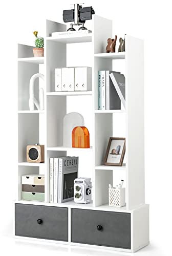 COSTWAY Tree Bookshelf, 7/12-Tier Wooden Bookcase Storage Shelving Unit with Folding Drawer, Freestanding Magazine Book Display Rack for Home Office Living Room (White with 2 Drawers, 12-Tier)