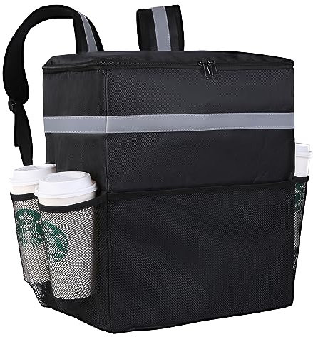 CIVJET Insulated Food Delivery Backpack with 4 Cup Holder, Cooler Bags, Insulated Food Delivery Bag for Hot/Cold Food for Bike, Insulated Reusable Grocery Shopping Backpack for Doordash（Black）