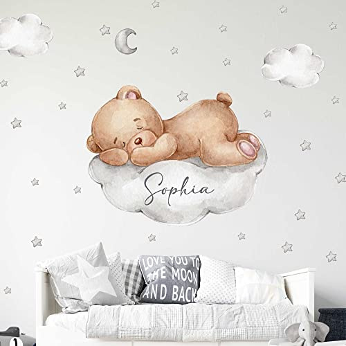 WANDKIND Bär auf der Wolke Wunschname V305 Wandtattoo Kinderzimmer | handgezeichnet | AUFKLEBER Kindergarten | Wandsticker Babyzimmer, Kinderzimmer Bär, Mond, Sterne, Wolke (50 x 50 cm)