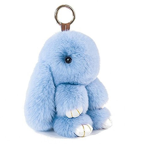 Doux Et Moelleux Lapin Porte-Clés Mignon En Peluche - Pompon En Fausse Fourrure Décoration (Bleu, 13 cm)