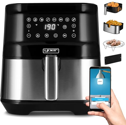 Yoer Crispo AF01BK, 4in1 Fettfreie Heißluftfritteuse, 1700W, 6L, Elektrobackofen, Elektrogrill, Dörrgerät für Pilze, Fleisch, 10 Automatische Programme, Lebensmitteltrenner, 12h Timer, Wi-Fi