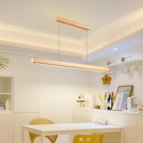 Bellastein LED Pendelleuchte Esstisch hölzerne Kronleuchter Vollspektrum Büro Rezeption Bar LED Hängeleuchte ein Wort Esszimmer Pendellampe (Holzfarbe (vollständiges Spektrum), 100cm)