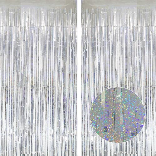 2Pcs 3.3ft x 8.2ft Tinsel Curtains Sliver Glitter Foil Fringe Curtain Backdrop Streamers, Metallic Tinsel Foil Curtains Background Streamers for Wedding Baby Shower Birthday Party Decorations