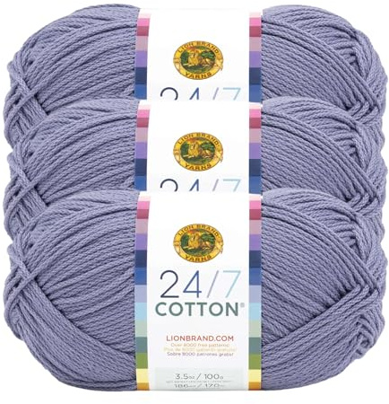 Lion Brand Yarn, 24/7 Cotton Mercerized Lightweight Yarn for Knitting, Crochet, and Crafts, Blue Grey, 3 Pack, 185 Yards of Natural Fiber for Breathable Tops, Durable Bags, and Easy-Care Dish Cloths