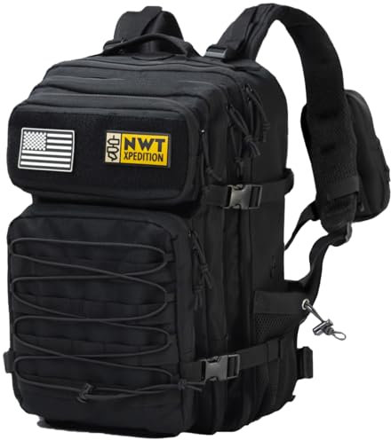 NWT XPEDITION Militärischer taktischer Rucksack, robuster Arbeits- und Molle-Laptop-Sturmrucksack für Wandern, Camping, Reisen, Angeln, Fitnessstudio, Schwarz, Large, Militär