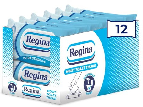 Regina Moist Toilet Tissue Ultra Sensitive – 12 Pack, Each with 42 Flushable Wet Wipes – Gentle Care for Sensitive Skin with Soothing Panthenol Lotion – Vegan and Allergen Free – FSC Certified