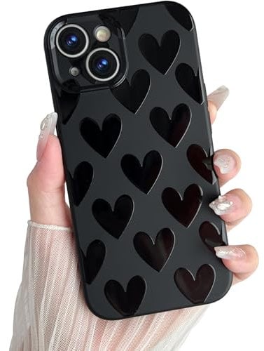 SmoBea Compatible with iPhone 15 Case for Women, Heart Phone Case Cute Soft TPU Shockproof Full Camera Lens Protective Cover for iPhone 15 6.1 Inch - Black