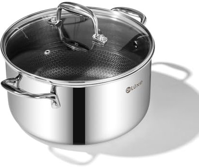 Deluxe Olla híbrida antiadherente de 5.4 cuartos con tapa de vidrio templado, apta para lavavajillas, lista para inducción, compatible con todas las cocinas