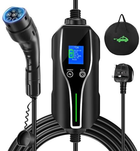 ENERHUB Electric Car Charger Type 2 to 3 Pin Plug, EV Charging Cable with LED Indicators, 6-13A, Delay Timer, 3 pin ev charger 3.3kW Max, Large OLED Display, IP67 Waterproof with Carry Bag-6M