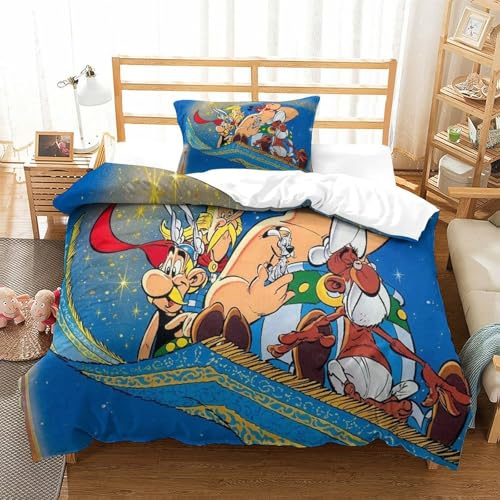 PATO FLIGHT Asterix Anime Bettwäsche Set -3D Bedrucktes Mikrofaser Bettbezug Und Kissenbezug Mit Reißverschluss Bettwäsche-Set Für Teenager Jugendliche Mädchen Männer 2 Teilig Single（135x200cm）