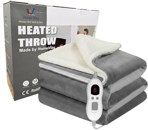 HomeVibe Heated Throw Electric Blanket 160x130cm - Grey, Soft Flannel, 6 Heat Settings & 1-8h Timer, Fast Heating Electric Blanket for Warmth & Comfort