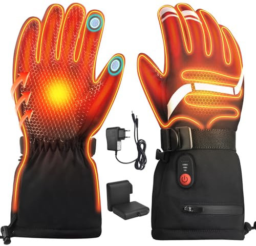 Beheizbare Handschuhe für Damen Herren, Elektrische Beheizte Skihandschuhe mit 2 Stück 3200 mAh Wiederaufladbar Akkus, 3 Heiztemperatur Einstellbare, Winterhandschuhe für Skifahren, Radfahren Motorrad