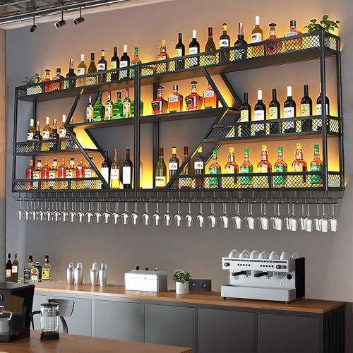 Étagère de bar flottante avec lumière LED, support pour verre à vin et bouteille d'alcool, étagère de rangement en métal pour bar, cave à vin, cuisine, étagère murale de bar (noir/doré)