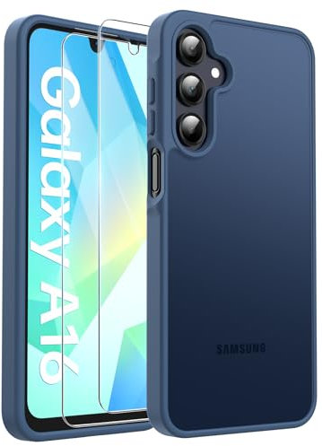 FLLAO Matt Handyhülle für Samsung Galaxy A16 5G Hülle und 2 Schutzfolie, mit Kameraschutz [Militärnorm Schutz] urchscheinende PC Rückseite TPU Bumper Hülle für Samsung A16 - Dunkelblau