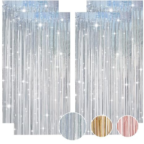 4 Stück Lametta Vorhang Silber, Glitzervorhang Lametta Luftschlangen Silber, Curtain Lametta Silber, Glitzer Vorhang Lametta Fadenvorhang Glitzer Deko für Disco Deko Party Deko Geburtstag(1m x 2m)