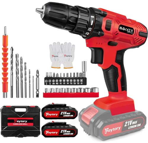 Cordless Drill 21V, 45Nm Electric Screwdriver Set, 2 Variable Speed Combi Drill, 25+1 Torque Setting, 3/8” Keyless Chuck, LED Work Light, with 29PCS Accessories and 2 Batteries 1.5Ah for Home DIY