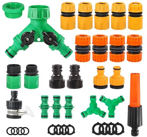 Lvjkes 36 Piezas Conector manguera, Accesorios manguera jardin Kit 1/2'', Con distribuidor 2 vias grifo jardin, Sistemas de riego para balcones y jardines