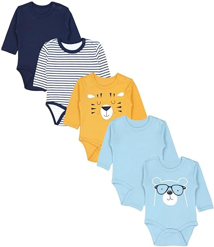 TupTam Baby Body Langarm – Weicher Body Baby 5er Pack aus Baumwolle, Unifarben, OEKO-TEX Zertifiziert, Farbe: Tierköpfe Blau Gelb Türkis, Größe: 104