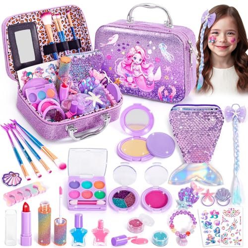 Hohosunlar Mermaid Kinderschminke Set Mädchen, Waschbar Make Up Kinder Meerjungfrau Spielzeug Schminkkoffer enthält Lipgloss, Nagellack Tasche, Weihnachts Geburtstagsgeschenk für Kinder ab 3 Jahren