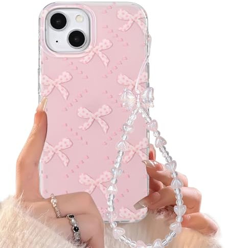 Reownest for iPhone 15 Case with Cute Pink Bowknots diamond Pattern Aesthetic Girly Cover, Soft TPU Bumper Protective Phone Cases for Women Girls + Beaded Bow Chain