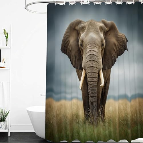 KELAIMI Rideau de Douche 120x200 cm 3D Motif Éléphants, Faune des Prairies Africaines, Tissu Polyester Imperméable pour Salle de Bain/Salle d'eau, avec Crochets, 120L x 200H cm (1 Panneaux)