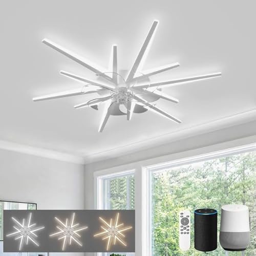 LJX 92cm Lámpara Ventilador Compatible con Alexa DC Ventilador de Techo con Luz 2.4G HZ Wifi Motor Silencioso Regulable Diseño Moderno Reversible para Dormitorio Cocina, Blanco