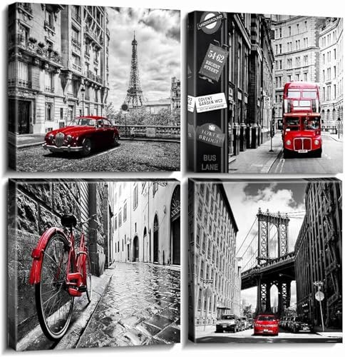 Schwarz Weiß Leinwandbild Wandbild Wohnzimmer Rote Stadt Wand Bilder für Schlafzimmer Wanddekoration Moderne Paris Landschaft Malerei Leinwanddrucke London Stadtbild Kunstwerk Büro 30x30CM 4PCs