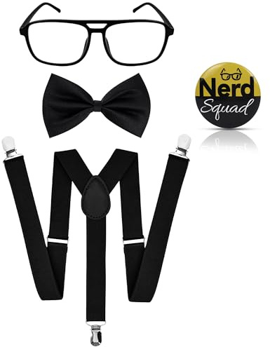 Yezmo 4 Stück Nerd Set für Kostüme, Verkleidungsset Nerd Schwarze Hosenträger Fliege Nerd-Brille und Abzeichen für Männer für Karneval Mottoparty