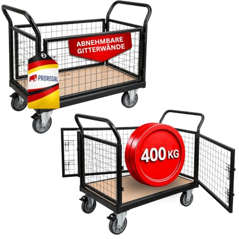 PROREGAL Profi Transportwagen Handwagen Materialwagen Plattformwagen mit abnehmbaren Gitterwänden | HxBxT 104x135x67 | Traglast 400 kg | 2X Lenkrollen mit Feststellbremse & 2X Bockrollen | Schwarz