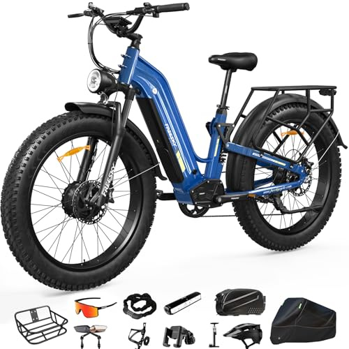 FREESKY Ranger Air Dual Motor Electric Bike for Adults All-Terrain Ebike - 48V 25Ah Removable Battery, 26 Fat Tire Mountain E Bike with Hydraulic Brake Blue Color