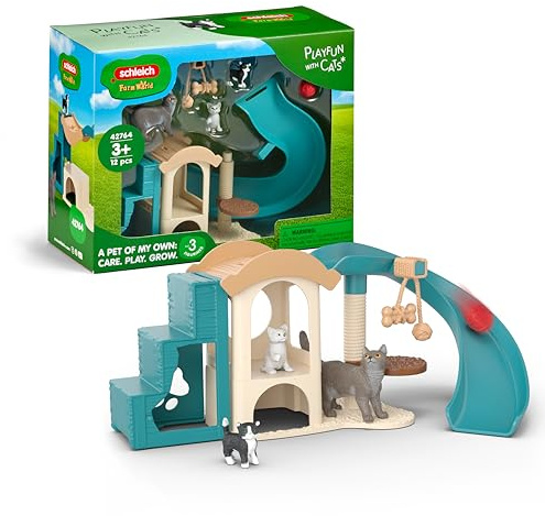 schleich Farm World | Spielspaß für Katzen 42764 | ab 3 Jahre | 12 Teile | Spielset mit Katzenhaus, 3 Katzen, Kratzbaum & Zubehör | detailgetreues Bauernhof Spielzeug