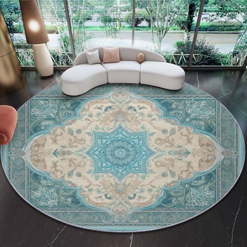 Teppich Rund 180 cm Orientalisch Traditionell Antik Skandinavisch, rutschfest Teppiche Wohnzimmer Runder - Waschbar Rund Teppiche Kurzflor Weich Runder Teppich Türkis for Schlafzimmer Studie
