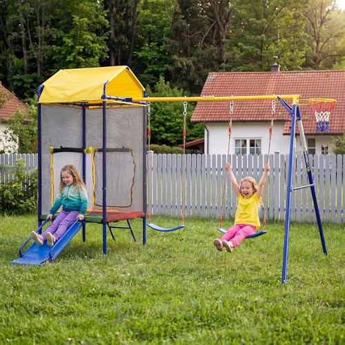 Ktipm Conjunto de Columpio Jardin Exterior 4 en 1, Columpio Infantil con Trampolín y Tobogán, Muebles Jardin Exterior con Canasta de Baloncesto, Garden Furniture, 336x217x198 cm, Colorido