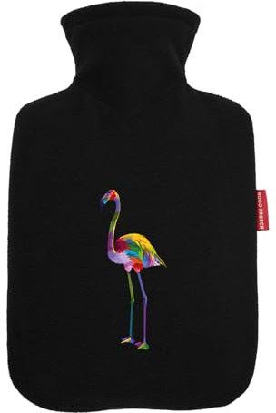 Huuraa Wärmflasche Flamingo Colorful 1,8 Liter Black Classic Veloursbezug Bettflasche Geschenkidee