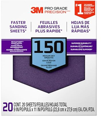 3M Advanced Sandpaper, 20-Pack, 150 Grit, 3M Pro Grade Precision, Features No-Slip Grip Backing, 9-in x 11-in, For Sanding Wood, Drywall, or Metal, Can be Used on Wet or Dry Surfaces (26150CP-P-G)