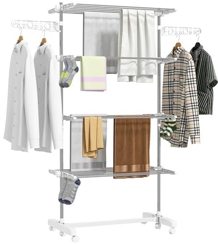 HOMCOM 4-Tier Clothes Airer, Stainless Steel Foldable Clothes Drying Rack with Wheels and Wings, Indoor and Outdoor, Easy Assembly, 142 x 55 x 172cm, White