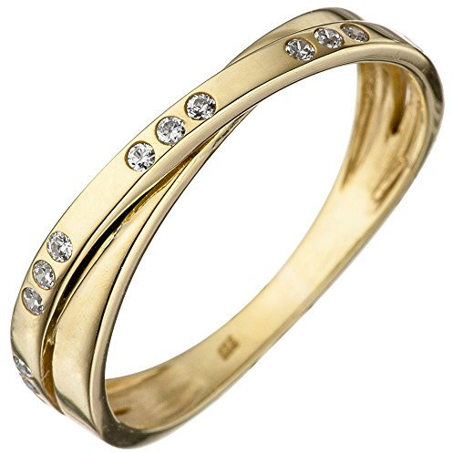 Schmuck Krone Ring Damenring 2 überkreuzte Goldringe mit 15 weißen Zirkonia 333 Gold Gelbgold, Ringgröße:Innenumfang 50mm ~ Ø15.9mm