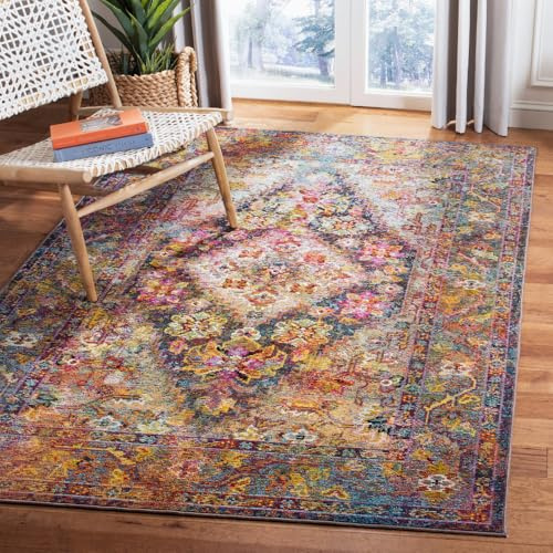 SAFAVIEH Boho Teppich für Wohnzimmer, Esszimmer, Schlafzimmer - Crystal Collection, Kurzer Flor, Marineblau und Hellblau, 122 X 183 cm