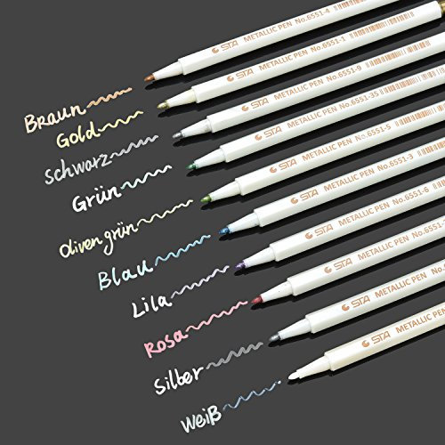 Metallic Marker Pens Kreidestifte[10 Farben] für Gästebuch, Landkarte, Adult coloring Bücher DIY Photo Album Dekoration auf jeder Oberfläche-Papier, Gummi, Glas, Plastik, Keramik und mehr, Permanent Marker, Metallic-Marker