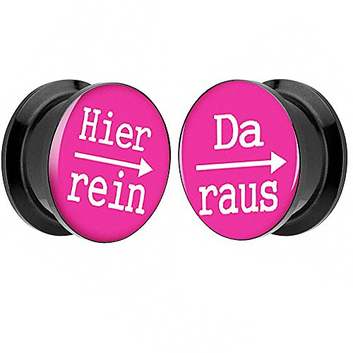 Piersando 1 Paar 2er Set Ohr Plug Piercing Kunststoff Flesh Tunnel Ohrplug mit Hier rein Da Raus Spruch Schwarz Motiv Comic Picture