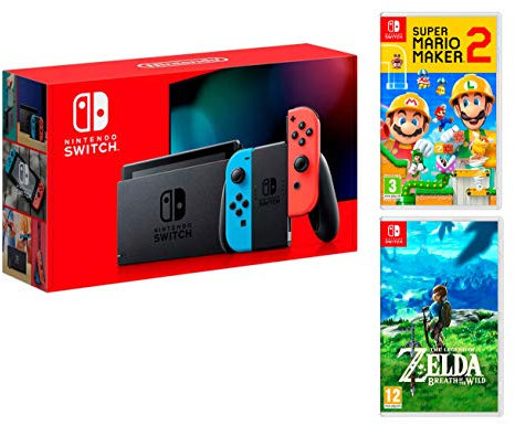 Nintendo Switch Rouge/Bleu Néon 32Go [Nouveau modèle ] Super Mario Maker 2 + The Legend of Zelda: Breath of the Wild