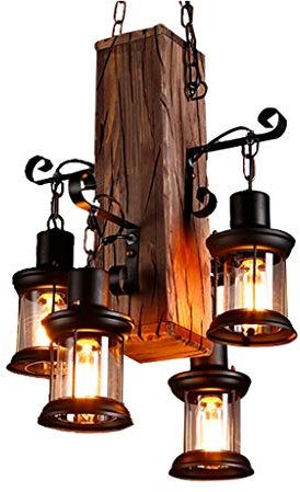 Pendelleuchte Klassisch Vintage Kronleuchter Retro Hängeleuchte Design Holz Höhenverstellbar E27 Metall Antik Hängelampe Industrial Schlafzimmer Deckenlampe Wohnzimmer Loft Bar Café Beleuchtung