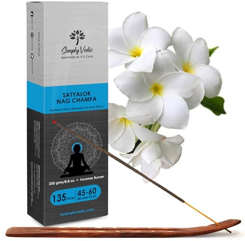 Simply Vedic Nag Champa 250 Gramos (Alrededor de 135 varitas de Incienso Premium + Porta Incienso) | Dura 60 Minutos, Ideal para purificación energética con aromaterapia