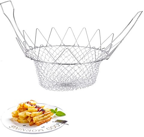 AUNMAS Fritierkorb aus Edelstahl, 23,5x9,5cm faltbarer Bratnetzkorb Kochsieb Abtropfkorb Küche Kochwerkzeug für Pommes frites, Chicken Fingers, Zwiebelringe