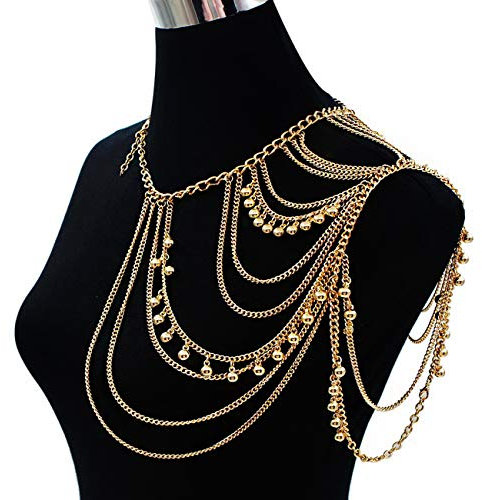 Yomiie Body Shoulder Chain Multilayered Sexy Gold Tassels Beads Link Harness Necklace Fashion Jewelry Belly Waist Bra Love Rocks Hot Bikini Beach Birthday Anniversary Festival Gift for Women Girls