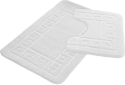 FAIRWAYUK Bathroom Mats Sets 2 Pieces, Ultra Plush Greek Pattern Bath Toilet Mat Anti Slip Pedestal Set, Extra Absorbent 100% Polypropylene Rug, Bathroom Accessory (White)