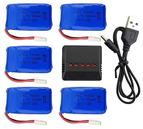 Lot de 5 batteries au lithium 3,7 V 600 mAh avec chargeur 5 en 1 pour drone Syma X9 Quadcopter
